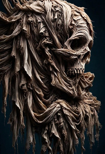 RAW closeup photo, vanishing skull, macro shot, dark blue, orange, goldscarf, masterpiece, colorful details, award winning, high detailed, 8k, natural lighting, analog film, detailed skin, amazing composition, intricate details, subsurface scattering, vellus hairs, amazing textures, soft light