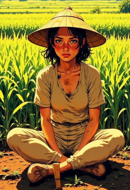 young lady farmer sits cross-legged on the ground directly in front of lush rice paddies that stretch toward the horizon. Her deeply wrinkled face tells the story of decades working under the tropical sun, with leathery skin creased by time and weather. Her eyes, though tired, reflect wisdom and a profound connection to the land she has tended all her life. SHe wears a traditional conical bamboo hat (caping) that casts subtle shadows across her weathered features while protecting him from the intense sunlight above.
Her attire is humble but practical - a plain, well-worn short-sleeve dress with sweat stains around the collar, simple tight leggings showing her limb contour, and sturdy slippers caked with layers of dried mud from countless hours in the fields. The color of her clothing has faded from years of sun exposure and washing.
The farmer rests a wooden-handled hoe against her right shoulder, her calloused hand gripping it with the practiced ease of someone who has wielded this tool her  entire life. Her posture shows both weariness and quiet dignity. Behind him, the meticulously arranged rice plants stand in perfect rows, their vibrant green contrasting with the rich brown earth. The golden afternoon light bathes the scene, highlighting the textures of the paddies and the farmer's sun-baked skin. anime