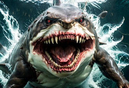 shark , great white , The beasts looks very angry and ready to cause chaos,  DEVIL SPAWN