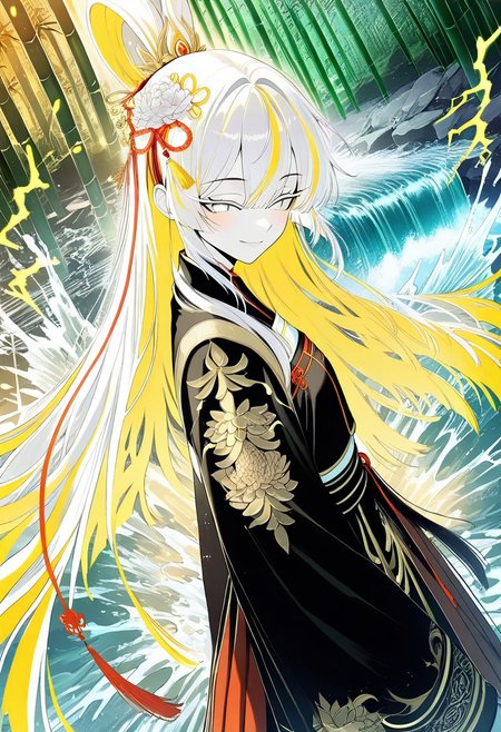 score_9, score_8_up, score_7_up, 1girl, solo, masterpiece-level, highly detailed, anime-style, solo female character, glowing white eyes, white eyeliner, white eyeshadow, long white hair, glowing streaked hair, glowing inner hair, long eyelashes, half-closed eyes, serene smile, blush, hanfu, dragon skirt, Chinese clothes, transparent elements, tassels, Chinese knots, gold trim, draped silk, Chinese sword, kanzashi, hair flowers, dynamic angle, Chinese architecture, bamboo forest, ink-style elements, bokeh, scattered leaves, flying splashes, waterfall, splashed water, aqua tones, yellow tones, limited palette, yellow lightning, wind effects, upper-body close-up, intricate details, traditional Chinese aesthetics.