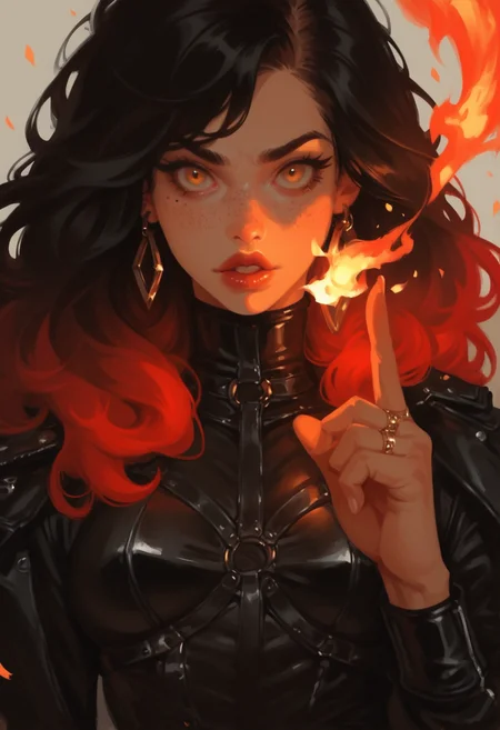1girl, jewelry, solo, earrings, looking at viewer, multicolored hair, black hair, freckles, ring, fire, upper body, breasts, red hair, gradient hair, yellow eyes, parted lips, long sleeves, lips, signature, long hair, index finger raised, embers, magic, two-tone hair, artist name, medium breasts, hand up, fingernails, eyelashes, leather, zPDXL3, detailxl,  Score_PnyReal, (lineless:1.5)