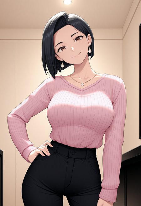 masterpiece, best quality, 1girl, solo, brown eyes, black hair, short hair, earrings, necklace, pink sweater, ribbed sweater, sweater tucked in, black pants, indoors, hand on hip, head tilt, looking at viewer, smile, <lora:ChamYamadaSanaeNoob:1>
