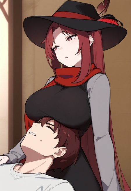 masterpiece,best quality,very aesthetic,absurdres,1boy, 1girl, <lora:breasts_on_head:1>,<lora:JXXLV1:1>,1girl,red hair,hat,hat feather,red scarf,breasts_on_head,hand_on_another's_head,