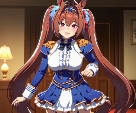 masterpiece, best quality, amazing quality, , 1girl, solo, looking at viewer, cowboy shot, smile, open mouth,    <lora:Daiwa Scarlet in game style 3D:1> ummsmingame, 3d, daiwa scarlet \(umamusume\),