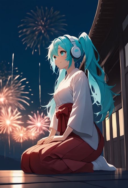 anime, masterpiece, best quality, newest, full body, solo, 1girl, rcmk14, smile, looking away, seiza, hands on own thighs, long hair, aqua hair, twintails, headphones, aqua eyes, white kimono, red hakama, hakama skirt, white socks, east asian architecture, night, fireworks
<segment:yolo-Anzhc Face seg 640 v2 y8n.pt,0.4,0.5//cid=1>