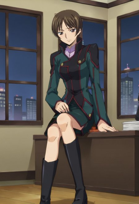 score_9,score_8_up,score_7_up BREAK source_anime,anime,<lora:Nagisa_Chiba_Code_Geass:0.8>,nchiba,1girl,solo,short hair,brown hair,brown eyes,black knights,skirt,boots,legs together,indoors,cityscape,front view,