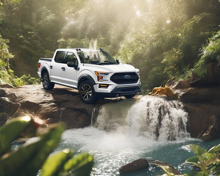 waggiephoto, ford f150 in rainforest road,waterfall river, (hyperfluid:1.5) water drops flowing alongside car,jungle, parrots, sunny day, light shining, hero shot