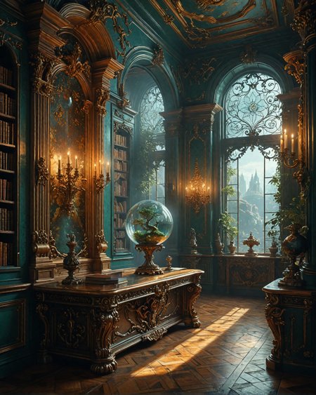 Chimera, diamond matrix library with,
 emerald starfire lichen, Baroque platinum filigree on pearlescent walls, magnetic-amber levitation orbs in, prismatic-coral reefs, Cyber Gothic biomechanical towers style, prismatic waves from quantum foam,
<lora:tbh124-sdxl:0.15> style of Jean-Antoine Watteau,
<lora:tbh129-sdxl:0.15> style of Michael Cheval,
<lora:Sinozick:0.15>,
<lora:add-detail-xl:0.7>,
<lora:aidmaMJ6.1_v0.5_2:0.3> aidmamj6.1,
<lora:Flux-XL_Scenery:0.15> flux-scenery,
<lora:Flux-style-xl-lora:0.15> flux-style,
8K resolution, ultra-detailed cinematic composition, contemporary concept art style, volumetric magical atmosphere with ethereal glow, rich complementary color palette, vivid gradients and chiaroscuro contrast, dynamic perspective with layered depth of field, inspiring awe-inspiring mood, Unreal Engine 5 render quality, intricate textures, flawless anatomy, rule of thirds composition, luminous highlights, surreal ambiance, award-winning illustration, harmonious balance of light and shadow, photorealistic details, ArtStation trending, chromatic accents, nostalgic futurism, dreamlike serenity, bold creativity, professional finish, sharp focus, ambient background, fascinating dynamic motion,, Baroque art style, dynamic composition, dramatic lighting, rich colors, intricate details, professional-grade execution, captures the grandeur and theatricality of the Baroque period