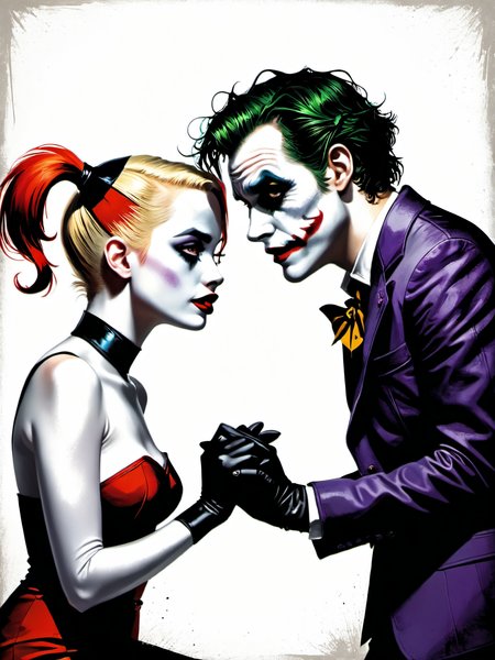 bold artwork,creative use of shadows and textures to create an image using negative space,masterful use of limited colors to create an image of bold contrasts,inventive and whimsical use of camera angles to give new perspective to illustration,"the joker and harley quinn holding hands", Ultra-HD-details