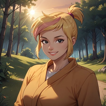 score_9, score_8, BREAK, short blond hair, high ponytail, pink streak in hair, black eyes, adult female, mature female, breasts, sexy pose, self portrait, smile, outdoors, sunlight, shadows, evening lighting, natural lighting, forest, trees, grass, orange sky, sunset
