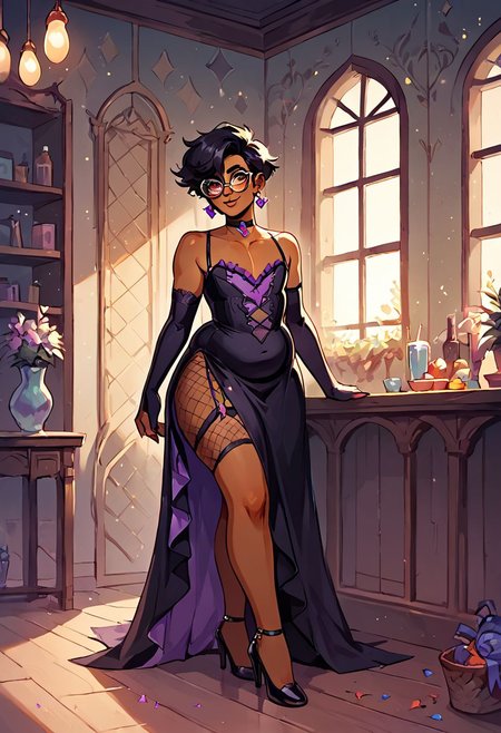 score_9, score_8_up, score_7_up, , Kai, Chubby, curvy, Indian, Brown skin, wide hips, glasses, femboy, crossdressing, nonbinary,, solo, dark purple asymmetrical ruffle dress,  elbow gloves, torn fishnets, garters, strappy heels, earrings, choker short black hair, 
Background: busy party, indoors, volumetric lighting, party lighting,  
,