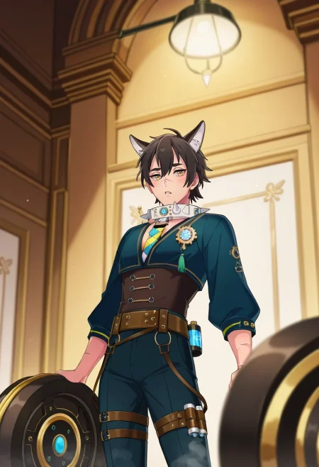 masterpiece, best quality, intricate details, anime screencap, anime coloring, official style, , depth of field, 1boy, solo, male focus, <lora:garu_nu_carnival_ilxl:1>, garu_nu_carnival, black hair, yellow eyes, short hair, animal ears, scar, hair between eyes, , , steam factory, gear wheels, pipe networks, pressure gauges, working pose, concentrated expression, industrial lighting,