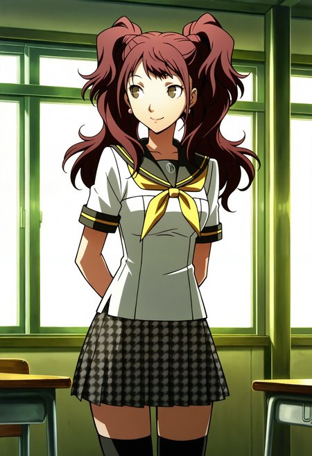 1 girl, solo, cute face,
p4rise, twintails, kujikawa rise, long hair, red hair, earrings, school uniform, serafuku, yasogami school uniform, skirt, brown eyes, houndstooth skirt, black thighhighs, zettai ryouiki,
looking at you, smile, arms behind back, thighs, 
classroom,
masterpiece, best quality, ultra detailed,