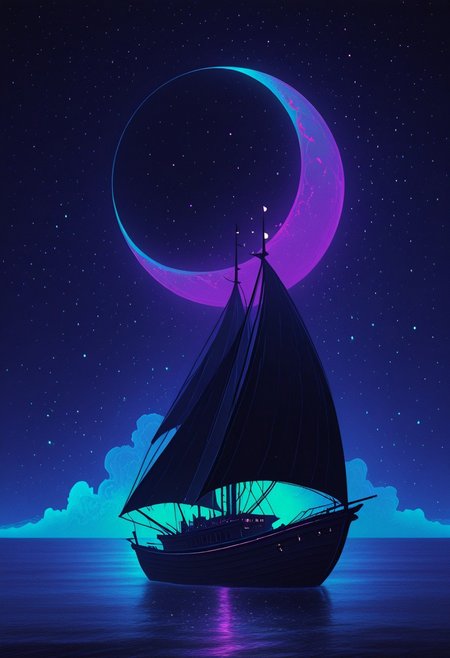 ajnblyst, watercraft, boat, ship, scenery, glowing, moon, water, ocean, night, no humans, star (sky), colored theme, neon, dark moody, high contrast, fantasy
