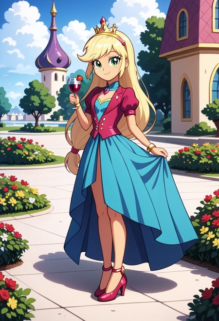 score_9, score_8_up, score_7_up, score_6_up, source_cartoon, rating_safe, My Little Pony Equestria Girls, very young little girl Applejack wearing a fit green|brown|darkpurple|wine|red gradients colors short princess dress, elegant detailed princess shoes, solo, 1girl, little princess girl, gradient golden blond hair with crown hairband, smile, childhood, looking at viewer, glow detailed eyes, garden of canterlot, tul, chiffon, laces, semi realistic cartoon, unreal engine 5,  full body close-up, absurdres, digital art, soft light, perfect hands, perfect, hands, perfection, soft orange skin, green eyes, apples accesories and shoes, jewelery, tres chic,<lora:age_slider_v4:-4>,