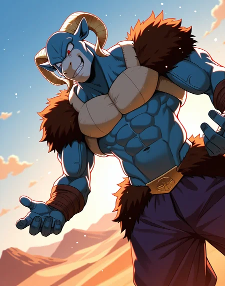 <lora:Moro_3rd_Form_(Dragonball_Z)_(Illustrious)_(AD):1.3> Moro, muscular, goat, 
dutch angle, exterior, desert, sky with detailed clouds, 
male focus, gradient coloring, solo, cowboy shot, bent leg, perfect proportions, hyper muscular, veiny muscles, goat head, blue body, large shoulders, large biceps, large thighs, abs, soft shading, evil smirk, 
BREAK very awe, aesthetically pleasing, masterpiece, best quality, amazing quality, very aesthetic, perfect depth of field shot, in'ei, furry_art, source_furry, source_anime, 
EZRealPONYXL, zPDXL, Smooth Quality, lazympos, IllustQualXL_Pos,