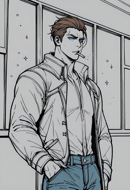 score_9, score_8_up, score_7_up, score_6_up, score_5_up, score_4_up, source_anime, (1 man), shen, shen from league of legends, muscular, brown hair, blue eyes, coat, jeans, smokes looking out the window, looking out the window, holding a cigarette, starry sky, loneliness, silence, empty look, monochrome
