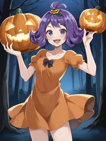 <lora:sumonacerolatsukishiro:0.7>
1girl, solo, acerolasiriguela, purple hair, flipped hair, topknot, hair ornament, orange dress, forest, night, dark forest, black trees, halloween theme, holding, pumpkin, smile, sharp teeth, standing, looking at viewer, open mouth, cowboy shot