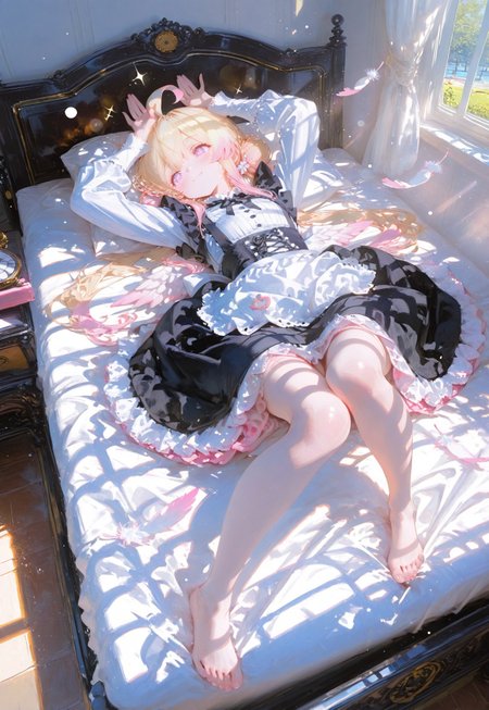 ((lying back on bed,eye level shot,hands above heads,smile,full body,above view, negative space:1.5))

1 girl, short and petite,(blonde hair:1.3), (vibrant pink accents hair:1.1),fair skin,pink eyes, (sparkling eyes:1.1),ahoge,small wings ,floating feathers,(low twintails:1.3)

(Shoulderless sleeve,Black Victorian Maid outfit,hair bun:1.3),(bright victorian bedroom:1.5),(day:1.5)

(Bokeh around character:1.3),(character focus:1.2),((dynamic pose:1.4)),((foreshortening:1.6)),((extreme perspective:1.4))

748cmstyle,Cunnystyle,Smooth_Quality,amazing quality, ((aesthetic:1.3)),(bold lines:1.3),((4k,8k,Ultra HD)),((Masterpiece :1.2)),((Best quality :1.2)),((Detailed :1.5)),((Detailed background :1.5)),