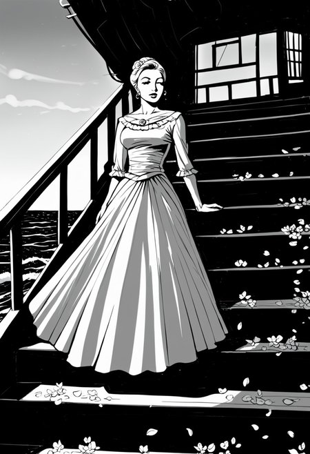 High-detail black and white pencil drawing. A beautiful girl in a magnificent dress made of red flowers descends a staircase. A long train of petals flows behind her. In the background, a seascape at sunset with a ship bearing scarlet sails. Contrasting play of light and shadow emphasizes textures and forms. Wind-blown petals create a dynamic atmosphere. The staircase leads to the sea, symbolizing a transition between worlds. Expressive black and white tones with accents of vivid red on the dress and sails. Style combines realism and romantic fantasy