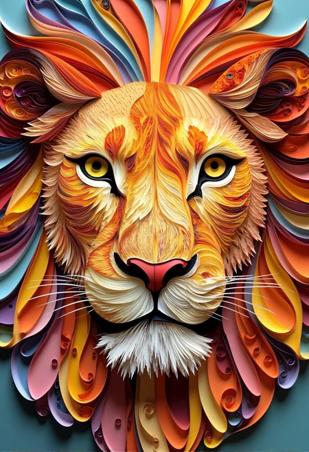 paper quilling, layered paper, a close up on a face of a lion. The image is shown with intricately placed strips of colourful paper ribbons creating a 3d effect.
