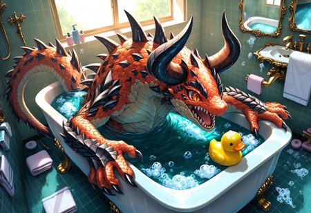 solo, open mouth, tail, horns, teeth, indoors, water, orange eyes, no humans, window, sharp teeth, slit pupils, towel, claws, spikes, partially submerged, mirror, tiles, scales, bathing, tile floor, bath, bathroom, bathtub, tile wall, soap bubbles, rubber duck, sink, faucet, soap, spiked tail, teruterubouzu, claw foot bathtub, 
