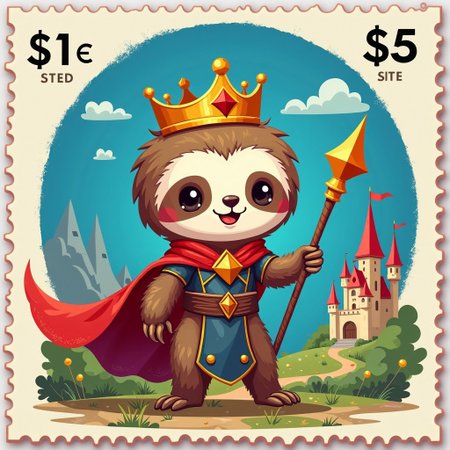 a_ck_postage_stamp_craft, a postage stamp featuring a cute sloth king hero with crown and magic robe, holding a magic staff,beautiful castle in the background,  price 1$,
big blue circle is centered on the background