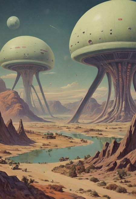 atomic-age landscape,  alien creatures