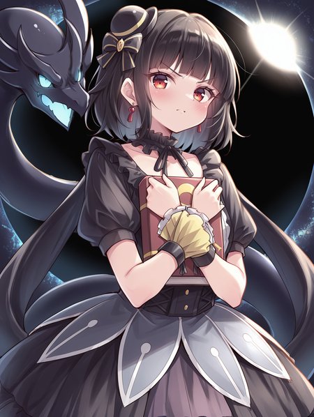 blunt bangs,moon of the closed heaven,1girl,solo,blush,looking at viewer,hands on onw chest,holding book,book,v-shaped eyebrows,angry,sketch,red earrings,black dragon,black frilled choker,black mini hat,black princess dress,yellow wrist cuffs,1other,solar eclipse,space
masterpiece,best quality,amazing quality,very aesthetic,apussbsurdres,newest,<lora:Moon of the Closed Heaven illuXL v1.1:0.72>,