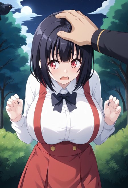 score_9,score_8_up,score_7_up,score_6_up, source_anime, BREAK, 
(headpat, 2girl pov hands), (upper body shot),  
Hiraki Hanako, solo, 1girl, (huge breasts), pale skin, short hair, black hair, bangs, red eyes, fangs, school uniform, collared shirt, white shirt, long sleeves, high-waist skirt, suspenders, red skirt, mini skirt, white socks, loafers, 
surprised, (tear drops), looking away, crows pose, hugging, 
outdoors, (at night:1.3),