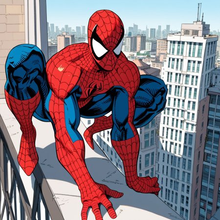 score_9,score_8_up,score_7_up,solo, 1boy, , spider-man,male focus, bodysuit, red bodysuit,  superhero,mask,skinny,rooftop,city skyline