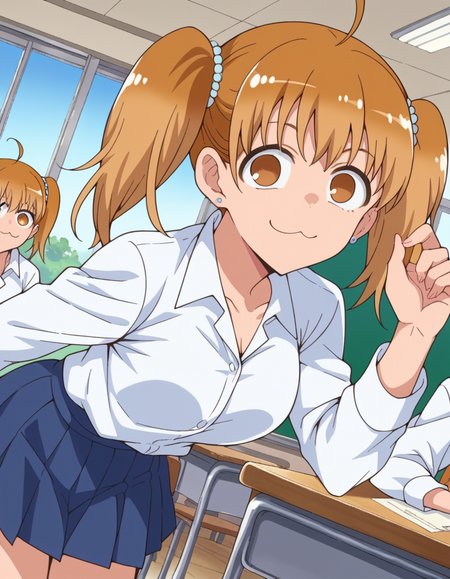 score_9, score_8_up, score_7_up, source_anime,
ijiranaideyoshi, <lora:ijiranaide-yoshi-s1s2-ponyxl-lora-nochekaiser:1>,
yoshi, brown hair, twintails, brown eyes, ahoge,
skirt, shirt, jewelry, school uniform, white shirt, pleated skirt, earrings, blue skirt,
indoors, classroom, bent over, smile,
looking at viewer, dutch angle, cowboy shot,