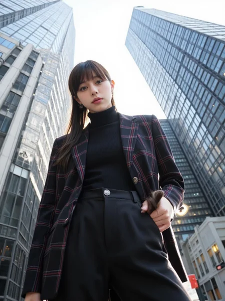 There are wonderful studio lights and various reflections,
18yo beautiful cute girl with blushing and female orgasm.skin naturally showing the texture of blood vessels and detailed pale skin,
--,
<lora:Nakajo_Ayami_f1:1>,she is Nakajo Ayami,
(Plaid_blazer:1.4),(Turtleneck_sweater:1.3),(Cropped_trousers:1.2), A bold fashion shot of a model standing tall in front of massive skyscrapers. The low-angle perspective makes her appear powerful and statuesque, her expression strong and determined. The background features towering city buildings with sharp lines contrasting against the bright sky. Street fashion editorial, wide-angle lens, f/2.0, natural light, hd quality,, #æ©å¤©æ¥¼ä½è§åº¦