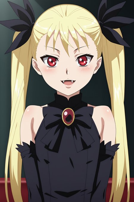 score_9, score_8_up, score_7_up, source anime, prefect lighting, very aesthetic, BREAK, anime screencap, anime coloring,
<lora:mina_tepes_v1:1>, 1girl, mina tepes, dance in the vampire bund, blonde hair, red eyes, flat chest, hair ribbon, twintails, elbow gloves, black dress, brooch, bare shoulders, fangs, happy,  
BREAK, looking at viewer, cowboy shot, seductive smile, blush, burgundy
BREAK,
