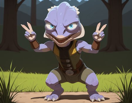 masterpiece, best quality, amazing quality, male, males only, male focus, male, solo, Grevel, purple skin, blue eyes, shortstack males, claws (muscle ) grass, day time, Background, double v