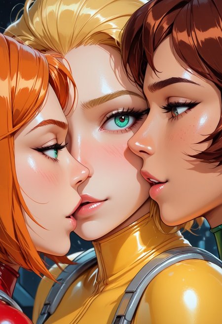 highres, very detailed, amazing quality, masterpiece,
very aesthetic,
particle effect,
3girls, multiple girls, \(totally spies\), (samts orange hair, green eyes, long hair, green bodysuit), (cloverts, short hair blonde hair, blue eyes, red bodysuit), (alexts, short hair, brown hair, brown eyes, yellow bodysuit),red bodysuit, green bodysuit, yellow bodysuit,
seducing, seductive, flirty, tender, loving, playful, 
Close up,