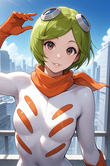 masterpiece, best quality, 1girl, solo, <lora:kunamashiro-illu-nvwls-v1:1> knmshir, green hair, short hair, brown eyes, lips, blue goggles on head, orange scarf, white bodysuit, orange gloves, upper body, looking at viewer, blue sky, city, smile, parted lips, covered navel