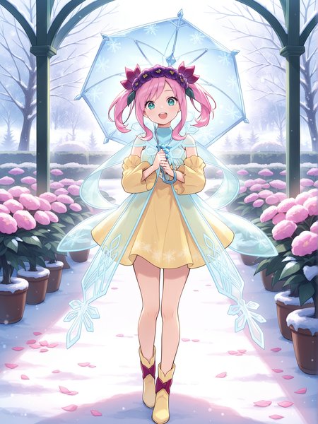 1girl, rikka queen strenna, solo, open mouth, smile,  full body, looking at viewer, teeth, :d, upper teeth only, snowflakes, musical note, sidelocks, standing, purple hair flower, see-through cape, yellow detached sleeves, yellow strapless dress, yellow boots, holding crystal umbrella, crystal umbrella,winter,garden,pink petals,
masterpiece,best quality,amazing quality,very aesthetic,absurdres,newest,<lora:Rikka Queen Strenna illusXL v1.1:0.7>,
