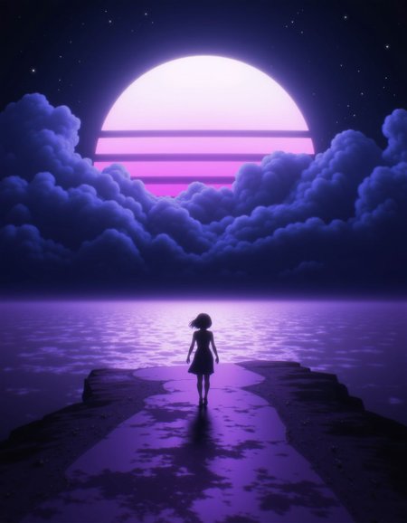 <lora:ck-Neon-Retrowave:1>, ck-nw, in the style of ck-nw, anime, a woman walking towards the viewer, at night, moon and cloudy sky in the background