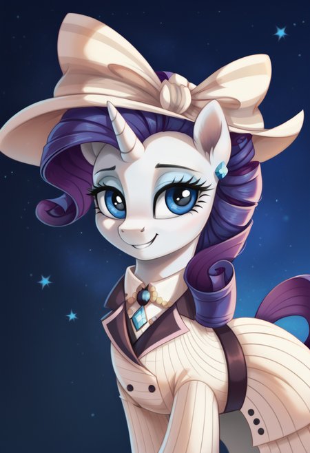 score_9,score_8_up,score_7_up,score_6_up,score_5_up,score_4_up,my little pony,((feral pony)),1girl,((solo)),(sexy),beautifully detailed,(detailed cute pony face),((detailed blue starry background:1.5)),((woman)),high angle,(cute smile:1),((up-close))  1girl,((solo)),(sexy),full body,<lora:titanic:0.9>,Rarity,titanic,an elegant white striped dress with lilac details,a pink lilac hat with a wide brim decorated with a pink bow,earrings with blue stones,a pink tie with a blue crysta,
<lora:OtherStyle_01:1>,<lora:Wholesome_MLP-v1.0:1>,