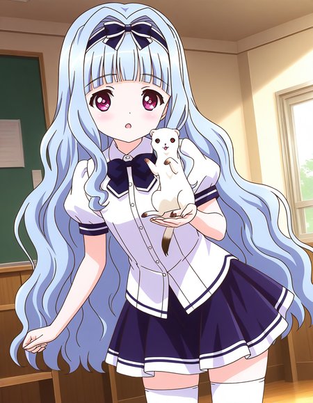 general,highres, ultra-detailed,very aesthetic,best quality ,best hands,  BREAK <lora:Watayuki_BP_IS:1>Watayuki(BP), 1girl,solo, hairband, very long hair, hair bow, purple eyes,  hair intakes, light blue hair, blunt bangs, wavy hair,
 thighhighs, school uniform, skirt, white thighhighs, bow, zettai ryouiki, ribbon, indoors, short sleeves, shirt, 
open mouth, pink eyes, white shirt, puffy sleeves, looking at viewer, miniskirt,
animal,  white_ferret,