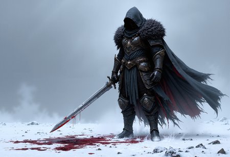 A hooded, armored figure stands on a snow-covered field. The figure wears chainmail armor with a large, dark, fur-lined cloak draped over their shoulders. Their face is hidden behind a shadowy, mask. The figure holds a large sword with a bloody tip, which is pointed down towards the blood-soaked snow beneath them. The scene is misty and eerie, with muted, grey tones dominating the background. The figure appears powerful and menacing, with a stoic stance and gloved hands gripping the sword. The snow beneath the figure is stained with patches of dark red blood, and the air feels cold and still.  <lora:FluxMythP0rtr4itStyle:0.8> MythP0rt,