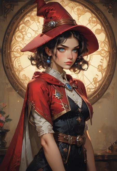 score_9, score_8_up, score_7_up, ((waist-up portrait, kneeling, face focus, eye focus, dynamic angle, motion)), 1girl, fantasy, (ph4nt0m01l), (Tarot Card Style), witchkiri, (sexy witch costume), (witch hat), lace, cape, breathless intimacy, tanned skin, petite model bombshell, heart, young, delicate features, narrow pointy nose, tiny nose, brown hair, medium length hair, bob cut, lust, big eyes, seductive eyes, blue eyes, detailed skin, flared lashes, mascara, makeup, perky medium breasts, athletic body, narrow waist, skinny hips,
warm light, detailed, neon dark party, candles, ((occult))
 BREAK
milky way, runes, arcane, astral, surreal, ethereal glow, masterpiece, best quality, intricate design. colorful, moonlit nightsky, stained glass aesthetic, moody whimsical color palette, murano glass, bold soldering lines, volumetric light shining through, crepuscular rays, intricate craftsmanship, detailed texture, luminous transparency, reflective light play, vivid hues, atmospheric depth, enchanting silhouette, art nouveau,