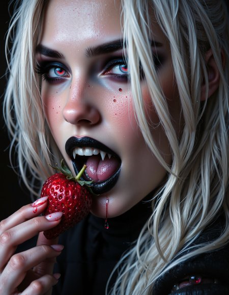 Masterpiece, high detail, extreme closeup portrait of a beautiful vampire woman with piercing red eyes. She has long silver hair, dark, smoky eyeshadow that enhances her piercing gaze, and blood-red lips slightly parted to reveal sharp fangs as she bites into a crimson strawberry dripping with blood. Her expression is seductive and erotic, drawing the viewer in with an intense, direct gaze. Her tongue is glistening wet with saliva
The composition highlights her side profile, emphasizing the curve of her jaw, her cute nose and the delicate details of her features. The dark background contrasts with the luminous tones of her skin and hair, enhancing the blood droplets glistening on the strawberry. Hyperdetailed concept art with HD8K resolution, designed for a high-definition wallpaper. The atmosphere is alluring and mysterious, capturing her sensual and predatory essence.
<lora:FluxF4ngs:0.85> fangs    <lora:aidmaFLUXpro1.1light-FLUX-V0.1:1> aidmafluxpro1.1 <lora:fluxenhancer:0.25>