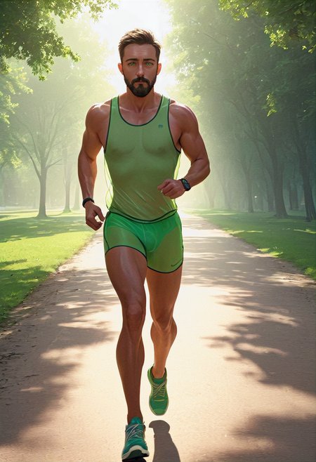 digital painting, <lora:SMUXL_alpha_single:1>, smusmu, green sheer see-through singlet, 1 muscular man, outdoors, running marathon in park trail, full body, stubble beard, short hair,, (masterpiece, high quality:1.1), (highly intricate details:1.1), (best quality:1.1) (8K, UHD:1.1), smoky air, backlight, backlit, high contrast