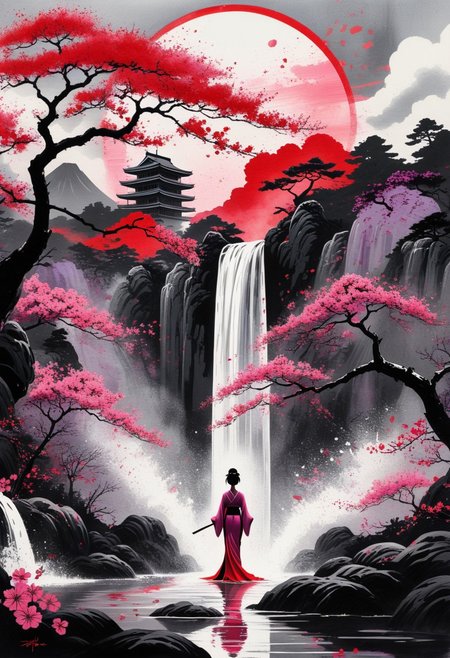 Silhouette of a woman, in love and sexy, amidst a vibrant, stylized landscape. Large, crimson sunbeams dominate the upper part. Waterfall on the side. contrasted with black and gray ink washes reminiscent of a traditional Japanese ink painting style. The woman is depicted in a traditional Japanese dress. Stylized water surface covered with white, pink and black splashes. A large stylized tree with pink flowers dominates the middle ground, its branches stretching towards the sun. The color palette consists of intense  red, purple, deep black, gray and hints of white. The overall atmosphere is calm, profound and imbued with Japanese cultural aesthetics.  Splash and stain art style, 
perfection style, vivid colors, colorful, vivid background, holographic, building, sky, sciencefiction, ImaginaryCityScapes, midjourneyv6.1