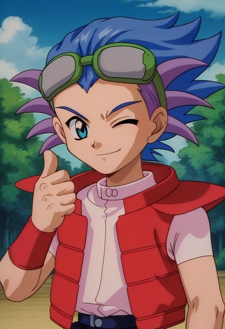 score_9, score_7_up, source_anime, 
rabioli, 1boy, male focus, solo, blue eyes, multicolored hair, blue hair, purple hair, spiked hair, shirt, pink shirt, short sleeves, jacket, red jacket, sleeveless jacket, open jacket, open clothes, wristband, smile, one eye closed, thumbs up, goggles, goggles on head,
outdoor, sky, tree, cloud,