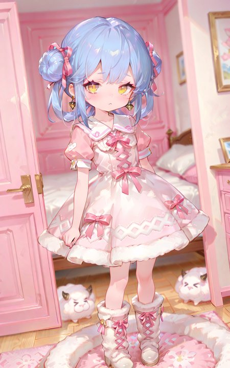 masterpiece, best quality, good quality, very aesthetic, absurdres, newest, extremely detailed, amazing quality, usnr, 748cmstyle, 1girl, blue hair, medium length hair, hair buns, ribbons, hair clips, small earrings, yellow eyes, pink wool short sleeve top, white wool cross-laced dress, long wool dress, wool boots, pink accents, standing, bedroom, fullshot, depth of field, dutch angle, high contrast, cute, chibi  <lora:748cmSDXL:0.7> <lora:ponyv6_noobV1_2_adamW-000017:0.4> <lora:granblue-noob:0.7> <lora:USNR STYLE_XL_lokr:0.8> <lora:maplestory-000011prodigy:1>
