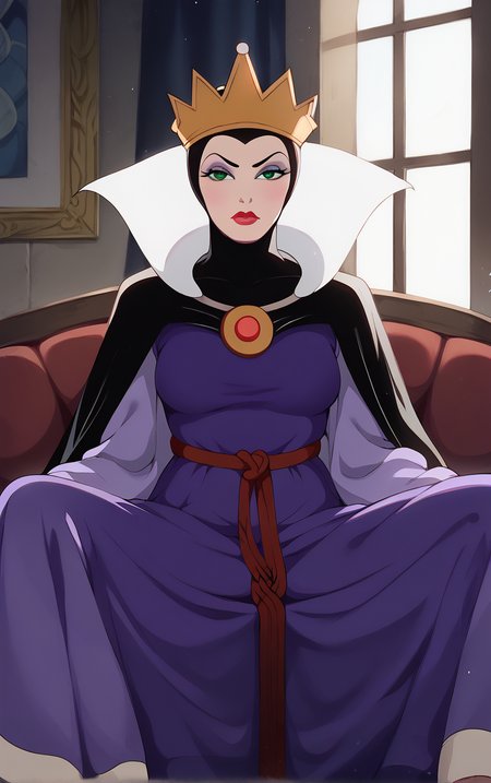 score_9, score_8_up, score_7_up, looking at viewer,  BREAK
Dress_QueenGrimhilde_ownwaifu,
1girl, crown,  makeup, lipstick, red lips,  green eyes,  eyeshadow, breasts,
red rope, rope belt, cape, dress, long sleeves, brooch, gem, robe, wide sleeves, purple dress, purple cape,  jewelry, high collar, silk,
(sitting, spread legs), arms behind back, couch, window shade, indoors, <lora:PONYXL_SnowWhite_QueenGrimhilde_ownwaifu:0.9> , depth of field, solo,