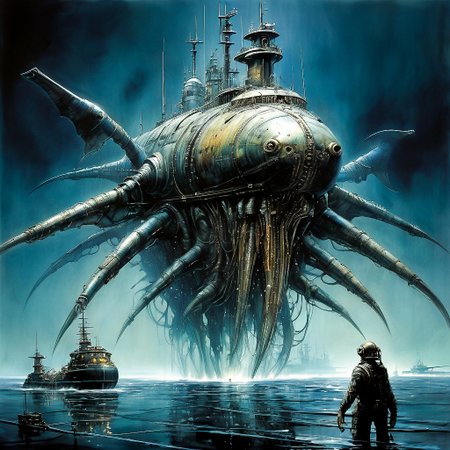 enki bilal inspired heavy metal art "a gargantuan, bio-mechanical creature rising from the depths of an alien ocean, its form illuminated by crackling energy and luminescent aquatic life, towering over a fleet of futuristic submarines", the contrast in colors and textures should be distinct dramatic lighting,vibrant yet slightly desaturated